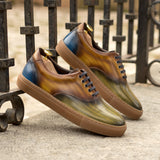 Gentlemen Ocio Sneaker - Hand Painted Khaki & Cognac & Denim Patina in Calf Leather