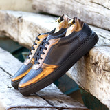 Gentlemen's & Young Adult - Activo Basico Sneaker - Hand Painted Black Woven Calf Leather with Metallic Calf Leather in Copper