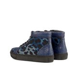 Ladies Alta Juega Sneaker -  Blue Leopard Velvet Fabric detailed with Hand Painted Navy Blue Croco Embossed Calf Leather