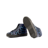Ladies Alta Juega Sneaker -  Blue Leopard Velvet Fabric detailed with Hand Painted Navy Blue Croco Embossed Calf Leather
