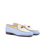 Gentlemen Barcelona Slip On - Blue & Ice Linen with Trim & Bow in Hand Painted Navy Blue Calf Leather