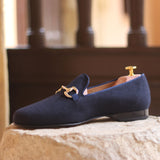 Gentlemen Cortes Slip On - Navy Blue Flannel Fabric with Trim in Navy Blue Colour Grossgrain