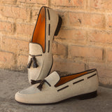 Gentlemen Cortes Slip On - Ice Linen Fabric with Trim & Tassel in Brown Calf Leather