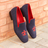 Gentlemen El Patron Slip On - Navy Blue Linen Fabric with Embroidery