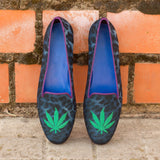 Ladies Rosa Slip On in Leopard Blue Sartorial Fabric Linen detailed with Embroidery
