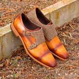 Gentlemen Double Monk in Hand Painted Cognac Patina in Calf Leather and Brown Wool Tweed with Goodyear Welt