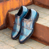 Gentlemen Double Monk in Hand Painted Denim Patina in Calf Leather with Goodyear Welt