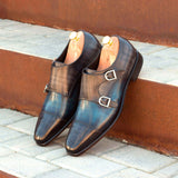 Gentlemen Double Monk in Hand Painted Denim & Grey Patina in Calf Leather with Goodyear Welt