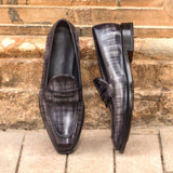 Gentlemen Loafer in Hand Painted Grey Patina in Calf Leather with Goodyear Welt