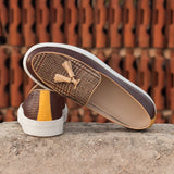 Gentlemen Barcelona Sneaker in Hand Painted Dark Brown Croco Embossed Calf Leather Combined with Mustard Linen Sartorial Fabric