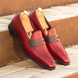 Gentlemen Loafer in Hand Painted Red & Black Pebble Grain Calf Leather with Goodyear Welt