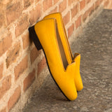 Ladies Rosa Slip On in Mustard Linen Fabric detailed with Trim in Gold colour Grosgrain