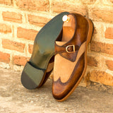 Gentlemen Single Monk in Hand Painted Cognac Patina and Camel Kid Suede Calf Leather with Goodyear Welt