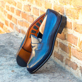 Gentlemen Loafer in Hand Painted Denim & Grey Patina in Calf Leather with Goodyear Welt