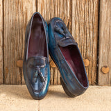 Ladies Rosa Slip On in Hand Painted Denim Patina Calf Leather detailed with Denim Patina Tassels