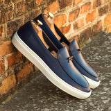 Gentlemen Barcelona Sneaker in Hand Painted Navy Blue Calf Leather with Trim & Bow in Nappa Leather