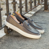 Gentlemen Barcelona Sneaker in Hand Painted Grey Calf Leather with Trim & Bow in Ocean Blue Nappa Leather