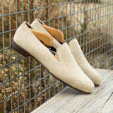 Gentlemen Cortes Slip On - Ice Linen Fabric with Trim in Ivory Colour Kid Suede