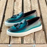 Gentlemen Barcelona Sneaker in Hand Painted Denim & Turquoise Patina in Calf Leather