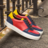 Ladies Activa Sneaker in Hand Painted Polished Red & Hand Painted Navy Blue Calf Leather detailed with Mustard Linen Fabric
