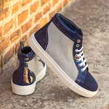 Ladies Alta Juega Sneaker -  Light Grey & Navy Blue Kid Suede Calf Leather combined with Cobalt Blue Patent Calf Leather