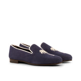 Gentlemen Cortes Slip On - Navy Blue Linen Fabric with Embroidery