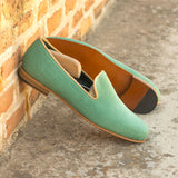 Gentlemen Cortes Slip On - Green Linen Fabric with Trim in Mustard Colour Grossgrain