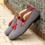 Gentlemen Cortes Slip On - Houndstooth Sartorial Fabric with Trim & Tassel in Red Nappa Leather