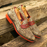 Gentlemen Loafer in Leopard Sartorial Fabric and Hand Painted Red Pebble Grain Calf Leather with Goodyear Welt