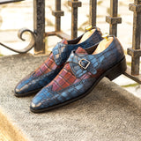 Gentlemen Single Monk in Hand Painted Navy Blue Croco Embossed Calf Leather & Burgundy Croco Embossed Calf Leather with Goodyear Welt