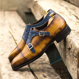 Gentlemen Double Monk in Hand Painted Cognac Patina - Calf Leather & Croco Embossed Calf Leather with Goodyear Welt & Beveled Waist