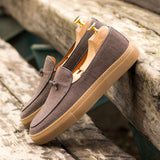 Gentlemen Barcelona Sneaker in Brown Linen Sartorial Fabric with Hand Painted Dark Brown Calf Leather
