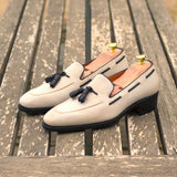Gentlemen Loafer in Ivory Kid Suede Calf Leather & Hand Painted Black Box Calf Leather with Goodyear Welt
