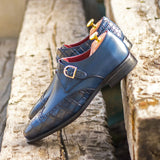 Gentlemen Single Monk in Navy Blue Painted Calf Leather & Navy Blue Painted Croco Leather with Goodyear Welt