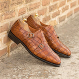 Gentlemen Double Monk in Hand Painted Cognac Croco Embossed Calf Leather with Goodyear Welt