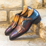 Gentlemen Double Monk in Hand Painted Purple & Burgundy & Cognac & Denim in Calf Leather with Goodyear Welt
