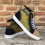 Gentlemen Alto Juego Sneaker -  Hand Painted Khaki Patina in Calf Leather with Camel & Black Kid Suede Calf Leather