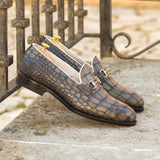 Gentlemen Loafer in Hand Painted Grey Colour Embossed Croco Calf Leather with Goodyear Welt