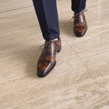 Gentlemen Oxford in Hand Painted Tobacco Patina - Calf Leather with Goodyear Welt & Beveled Waist