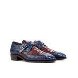 Gentlemen Single Monk in Hand Painted Navy Blue Croco Embossed Calf Leather & Burgundy Croco Embossed Calf Leather with Goodyear Welt