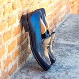 Gentlemen Loafer in Hand Painted Denim & Grey Patina in Calf Leather with Goodyear Welt