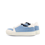 Ladies Activa Sneaker in Hand Painted White Box Calf Leather detailed with Blue Linen Fabric