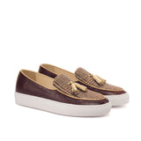 Gentlemen Barcelona Sneaker in Hand Painted Dark Brown Croco Embossed Calf Leather Combined with Mustard Linen Sartorial Fabric