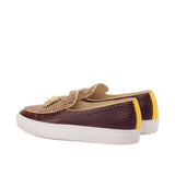 Gentlemen Barcelona Sneaker in Hand Painted Dark Brown Croco Embossed Calf Leather Combined with Mustard Linen Sartorial Fabric