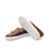 Gentlemen Barcelona Sneaker in Hand Painted Dark Brown Croco Embossed Calf Leather Combined with Mustard Linen Sartorial Fabric