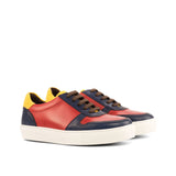Ladies Activa Sneaker in Hand Painted Polished Red & Hand Painted Navy Blue Calf Leather detailed with Mustard Linen Fabric