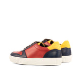 Ladies Activa Sneaker in Hand Painted Polished Red & Hand Painted Navy Blue Calf Leather detailed with Mustard Linen Fabric
