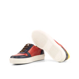 Ladies Activa Sneaker in Hand Painted Polished Red & Hand Painted Navy Blue Calf Leather detailed with Mustard Linen Fabric