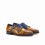 Gentlemen Double Monk in Hand Painted Cognac Patina - Calf Leather & Croco Embossed Calf Leather with Goodyear Welt & Beveled Waist