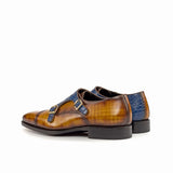 Gentlemen Double Monk in Hand Painted Cognac Patina - Calf Leather & Croco Embossed Calf Leather with Goodyear Welt & Beveled Waist